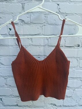 Brown Ribbed Knit V Neck Cropped Cami Tank Top